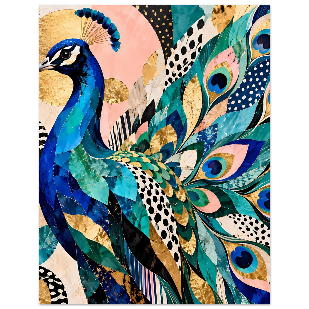 Kunstposter mit Pfau in Blau und Türkis, goldene Details, runde Pfauenaugen im Muster