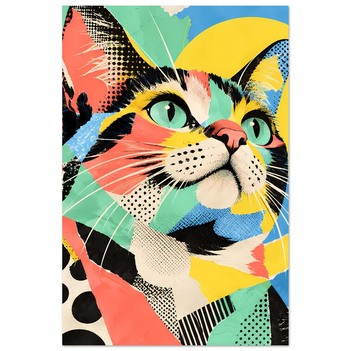 Vertikales Pop-Art-Katzenmotiv mit bunten Sprenkeln, gelben Akzenten und grünen Augen