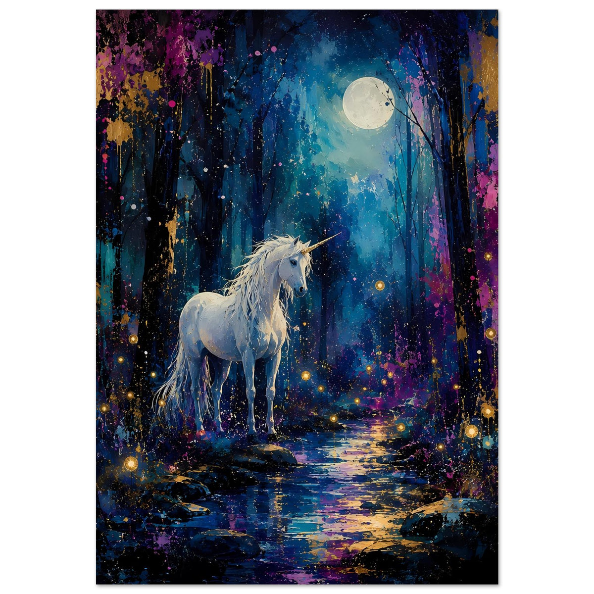 Poster mit weißem Einhorn auf dem Weg, Vollmond über dunklem Wald