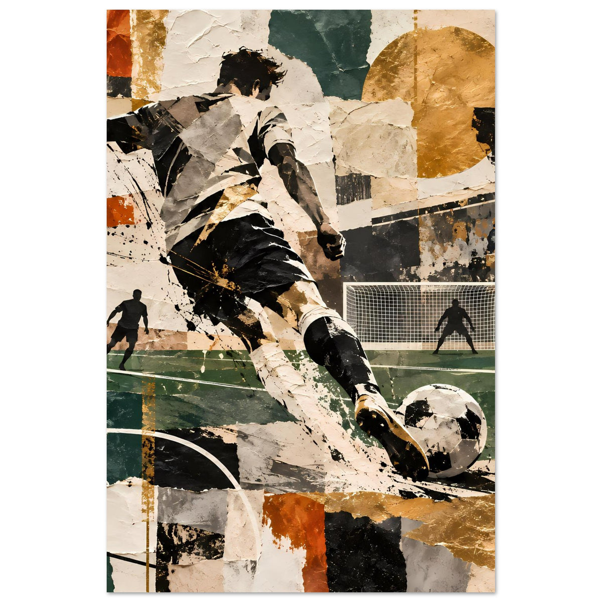 Abstraktes Fußball-Action-Artposter, vertikal: Spieler schießt aufs Tor, dynamische Farbflächen