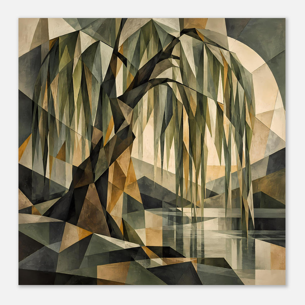 Quadratisches Poster mit stilisiertem Baum aus geometrischen Dreiecken in Grün- und Cremetönen