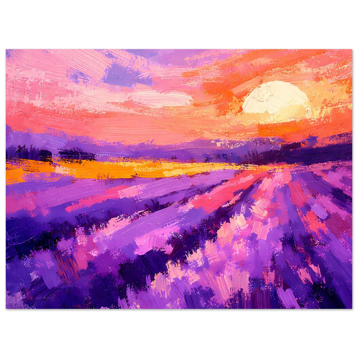 Querformat-Poster mit Lavendelfeld-Sonnenuntergang, violettem Feldweg und großer Sonne
