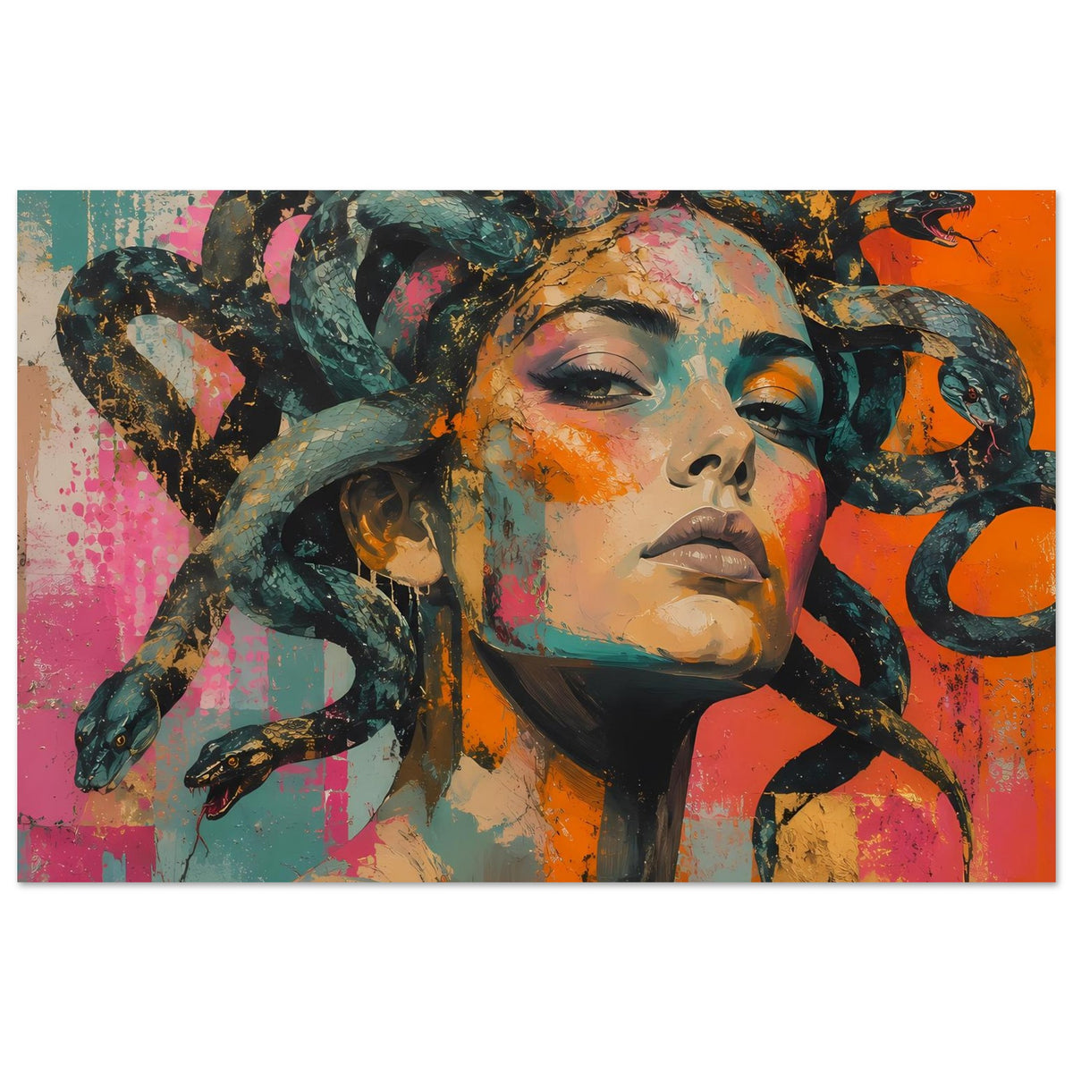 Hochformat-Poster mit Medusa-Porträt und farbigem Schlangenhaar, kräftige Farben