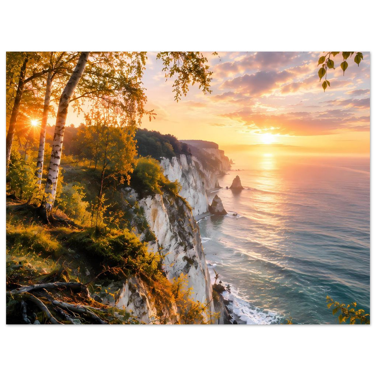 Horizontales Küstenlandschafts-Poster mit Klippe, Meer, Wellen und goldenem Abendlicht