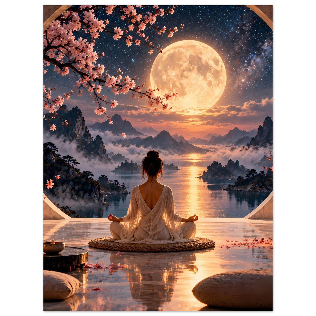 Hochformatiges Meditationsposter mit Vollmond über Fluss, meditierende Person und beruhigende Farben