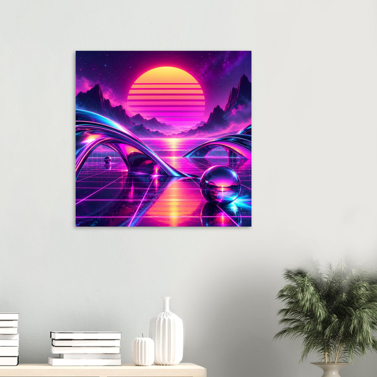 Neon-Science-Fiction-Poster mit Kreis-Sonne, Neonrampen, Glaskugel und futuristischem Grid