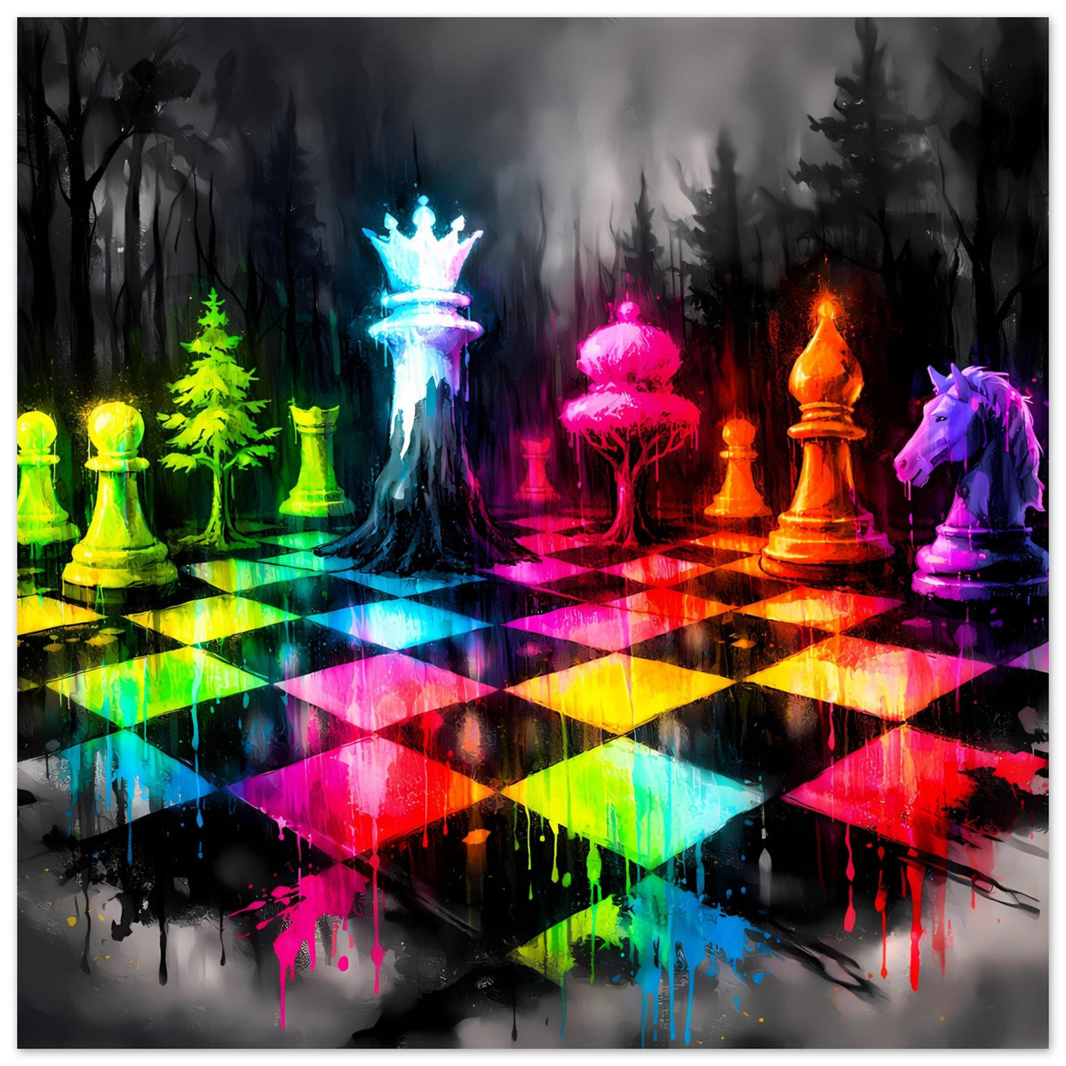 Neon-Schachspiel-Poster mit leuchtendem Pferd rechts und farbigem Schachbrett