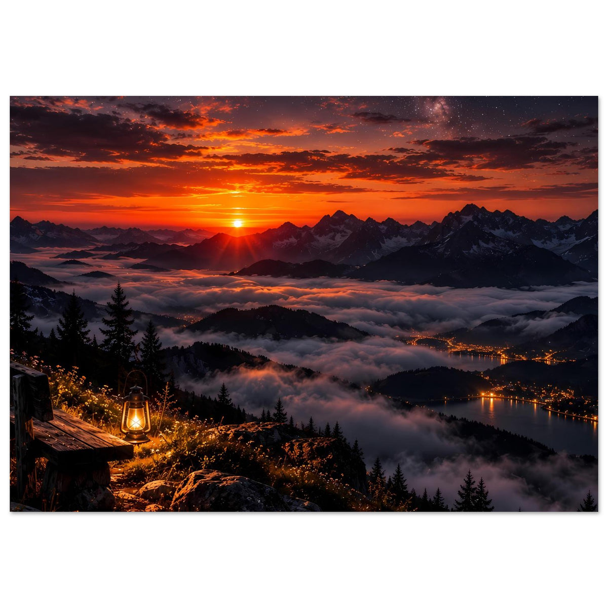 Landschaftsposter im Querformat: Sonnenaufgang über Bergen, Nebel und See mit Uferlichtern