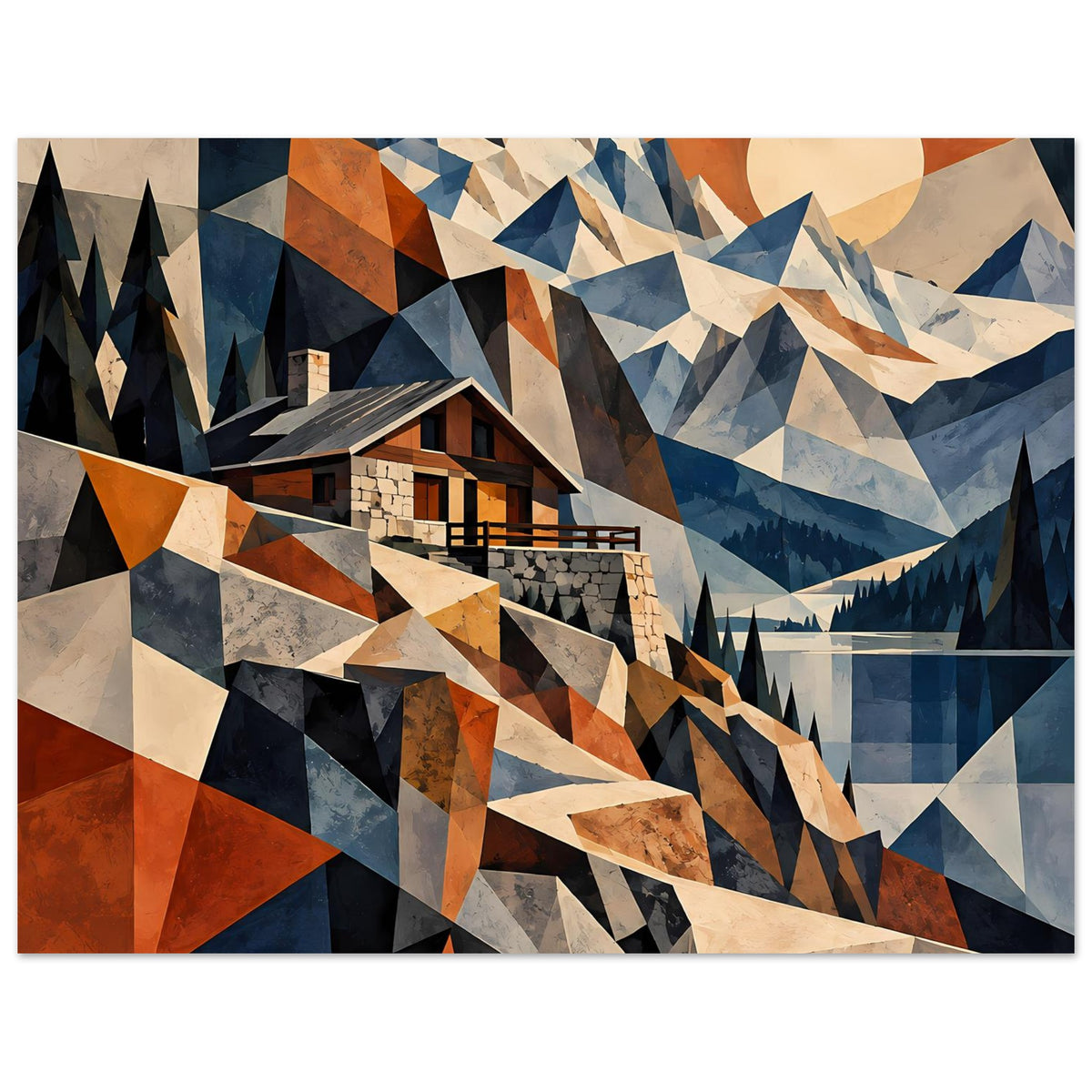 Poster mit geometrischer Berglandschaft: Haus im Vordergrund, Dreieckslandschaft in Blau und Rostrot