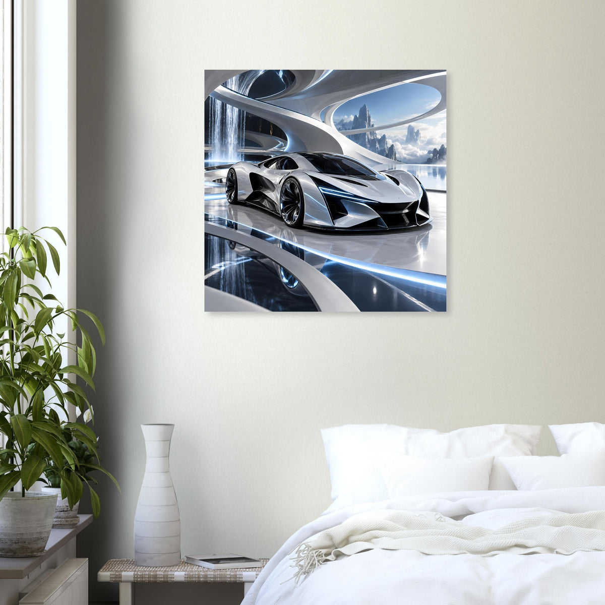 Quadratisches Poster mit silbernem Supersportwagen in dynamischer Perspektive