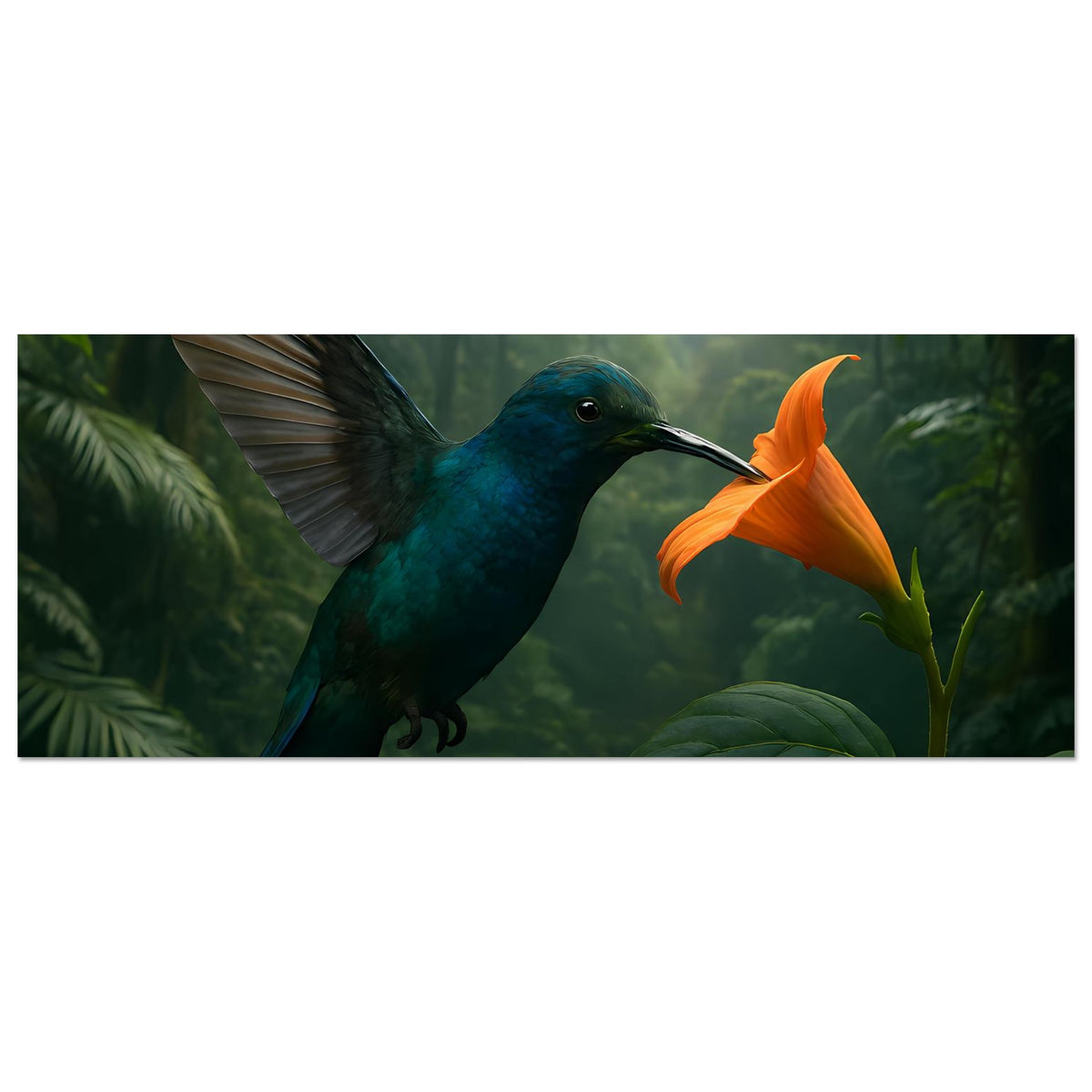 Horizontales Poster: blauer Kolibri mit orangefarbener Blüte im Dschungel