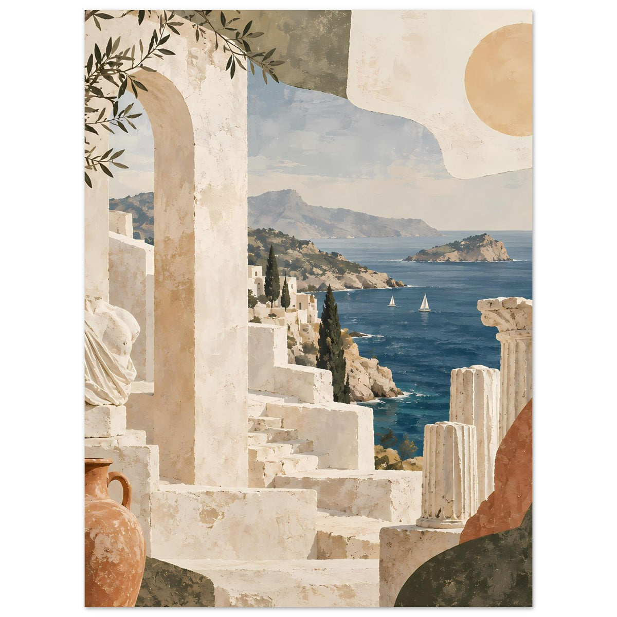 Urlaubs-Poster mit Blick aufs Meer: felsige Bucht, Säulen und antike Bögen im Vordergrund