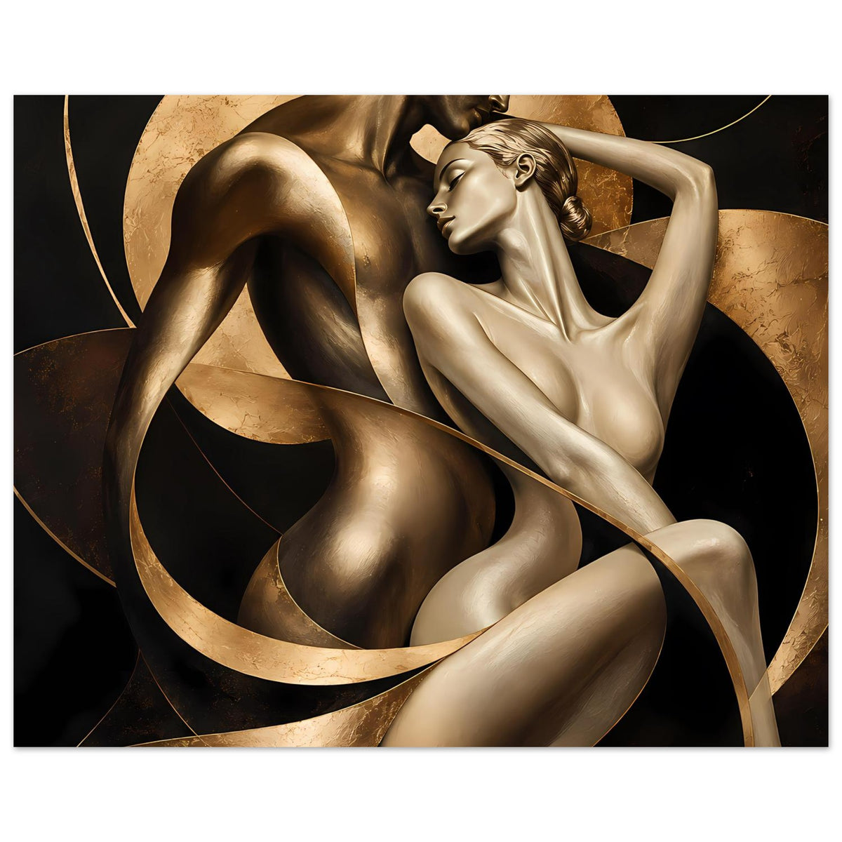 Kunstposter mit goldbraunen Bronzeskulpturen zweier Akte und geschwungenen Bandlinien
