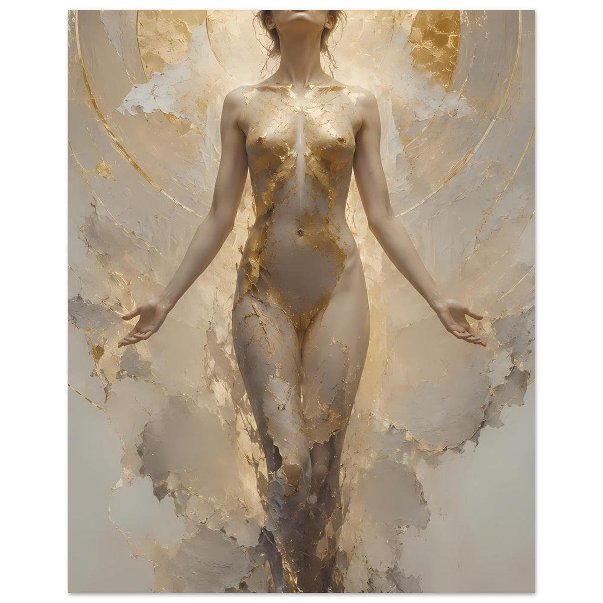 Poster: schwebende Frauenfigur, cremefarbener Körper mit goldenen Akzenten, Ganzkörper