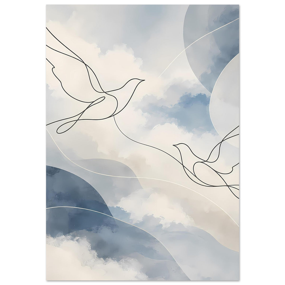 Abstraktes Poster mit Tauben-Linienzeichnung und hellblauem Wolken-Design