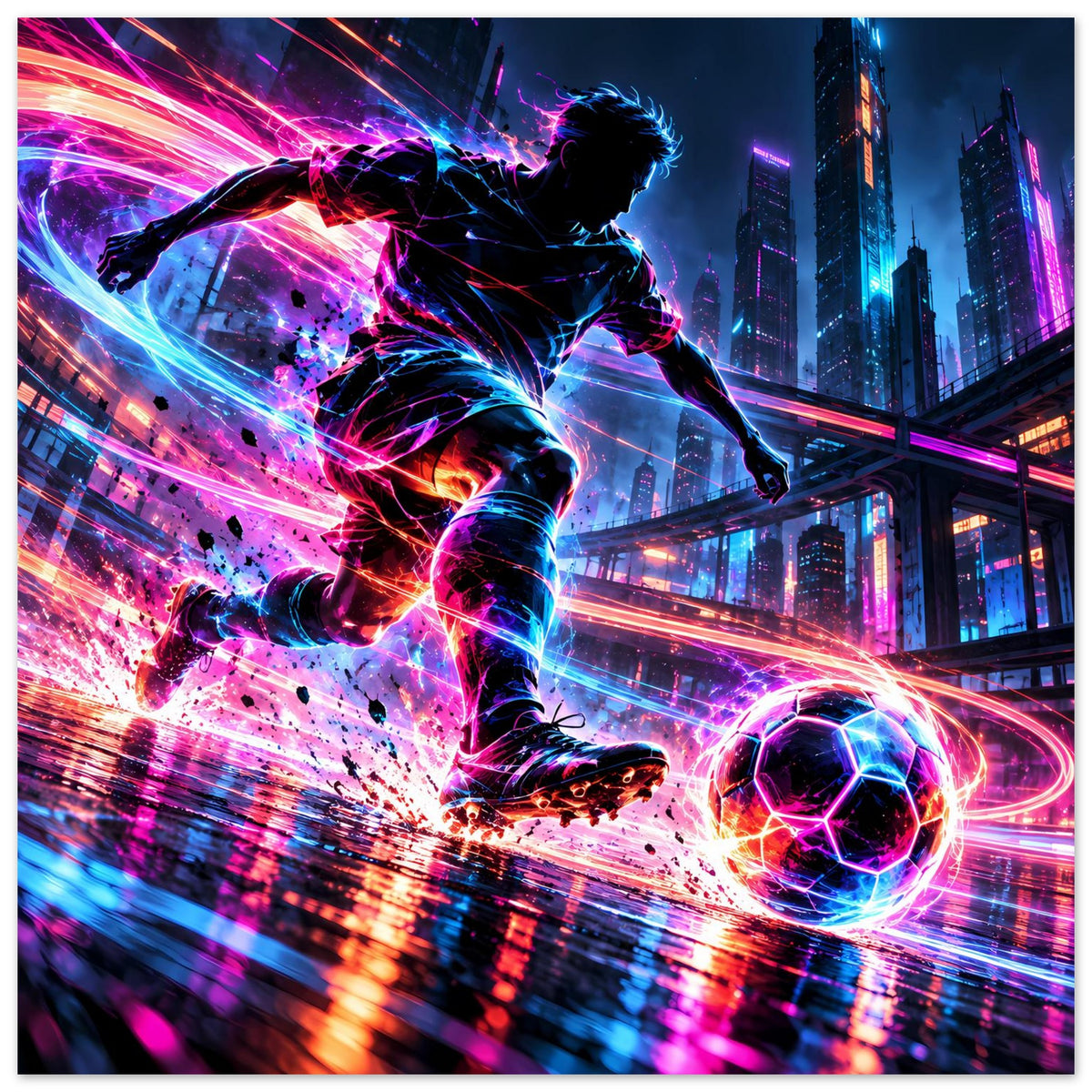 Neon-Soccer-Actionposter mit Fußballer in dynamischer Pose, Lichtspuren und Kugel mit Strahlen