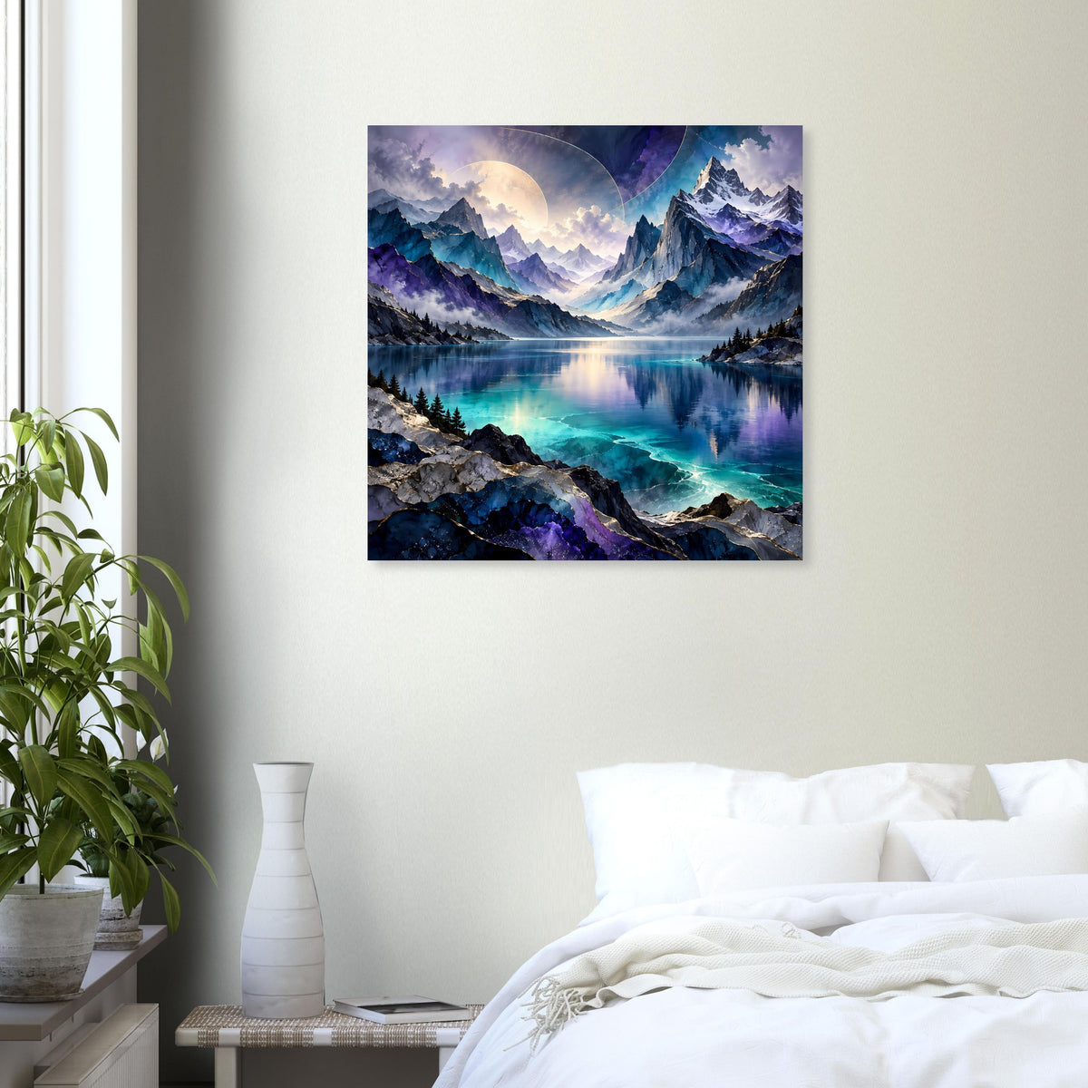 Quadratisches Poster mit Bergsee, spiegelnder Wasserfläche und violettblauen Bergen unter Halbmond.