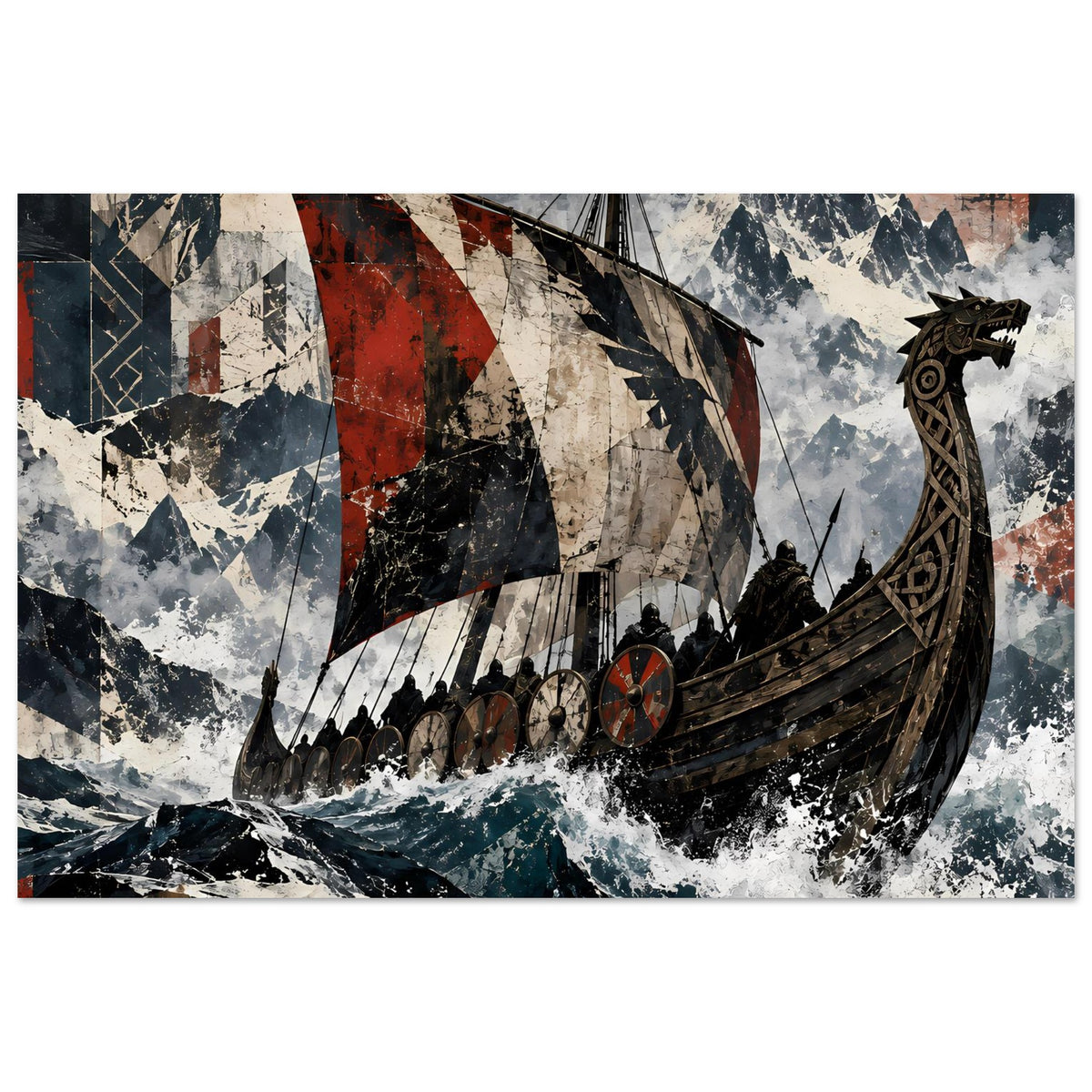 Wikingerschiff-Poster: großes Langschiff mit roten und weißen Flaggen, horizontal