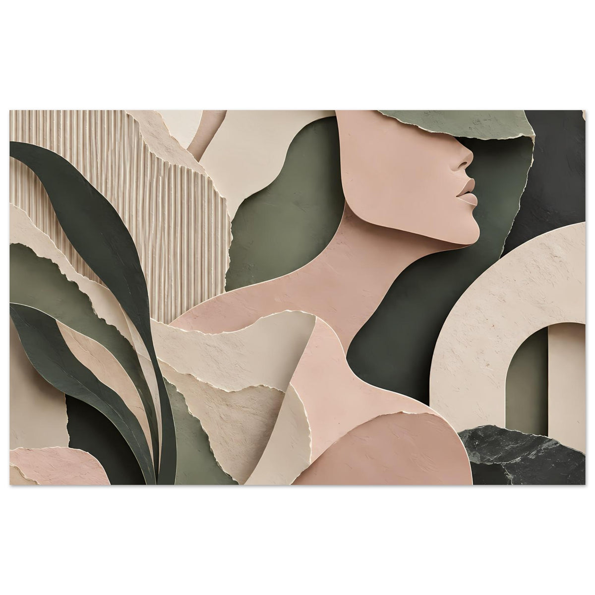 Abstraktes Frauenkunst-Poster mit Frauenprofil, Blättern und Formen in Beige, Grün und Dunkelgrau.