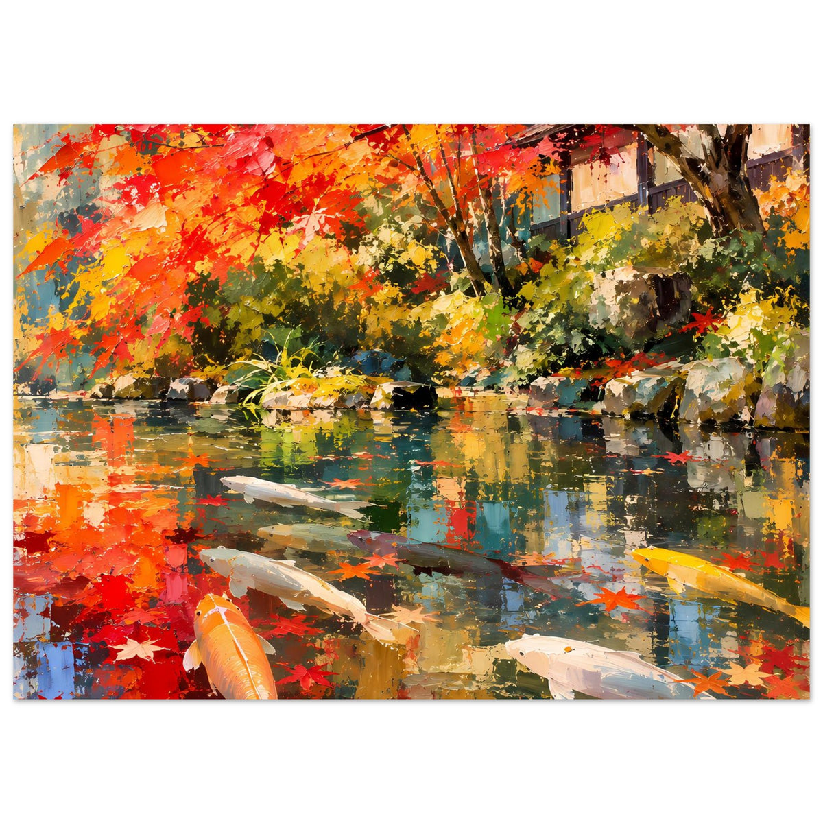 Kunstposter im Querformat mit Koi im Teich und herbstlichem Laub in Rot-Orange