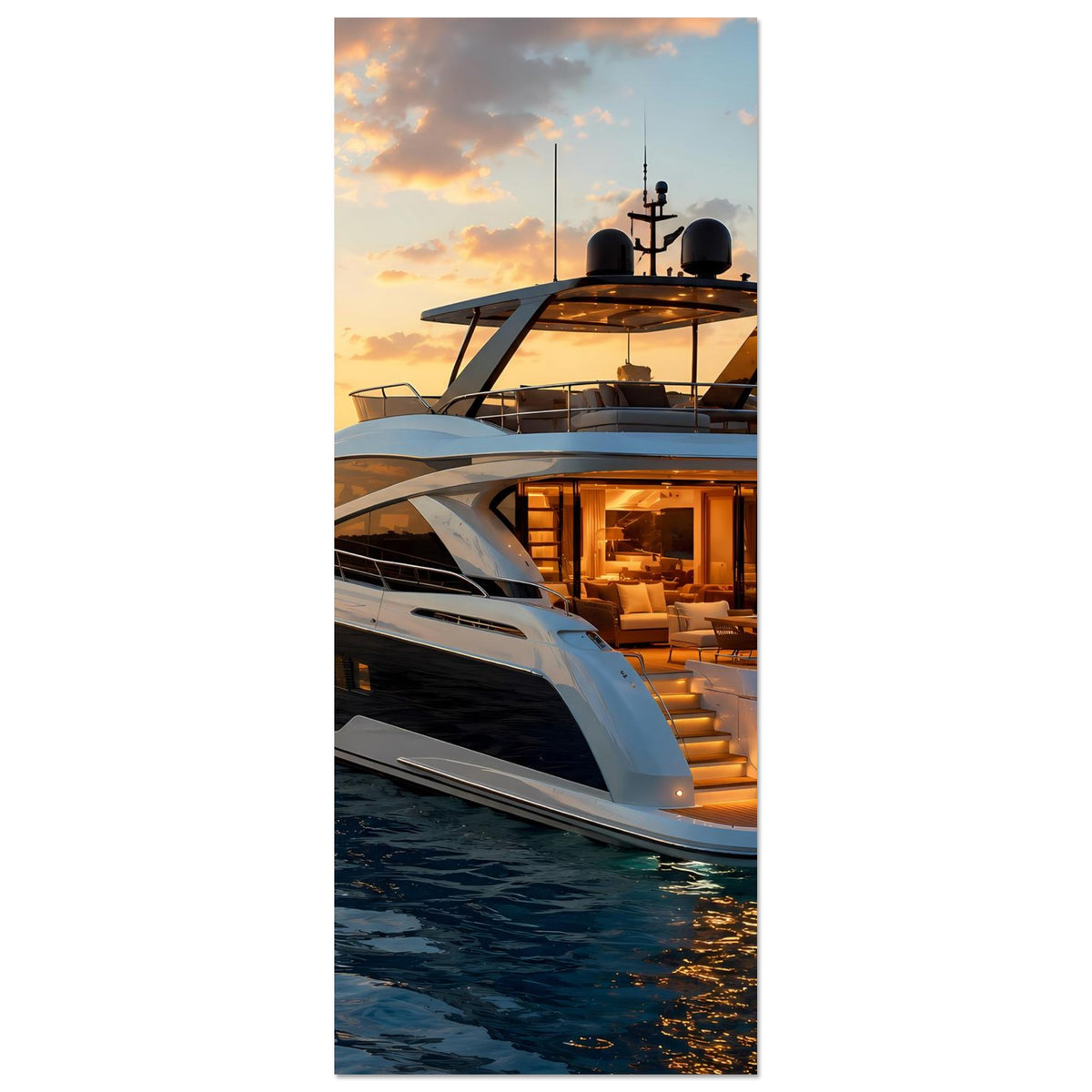 Poster (vertikal): Motoryacht-Deckansicht, weiße Außenhülle, Fensterfront und warmes Innenlicht
