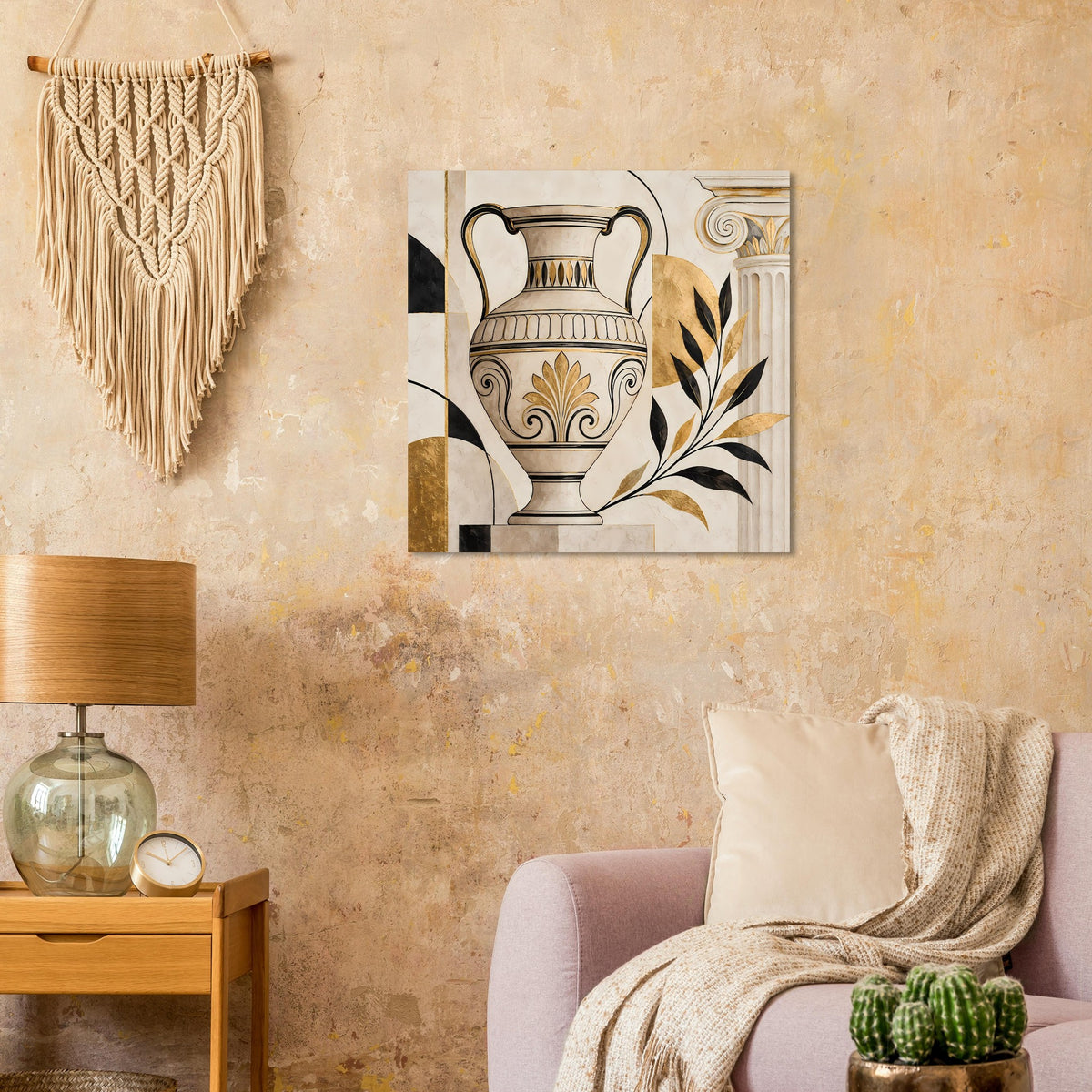 Wandposter mit Amphorenvase, Ornamenten und Blätterranken in Schwarz-Gold