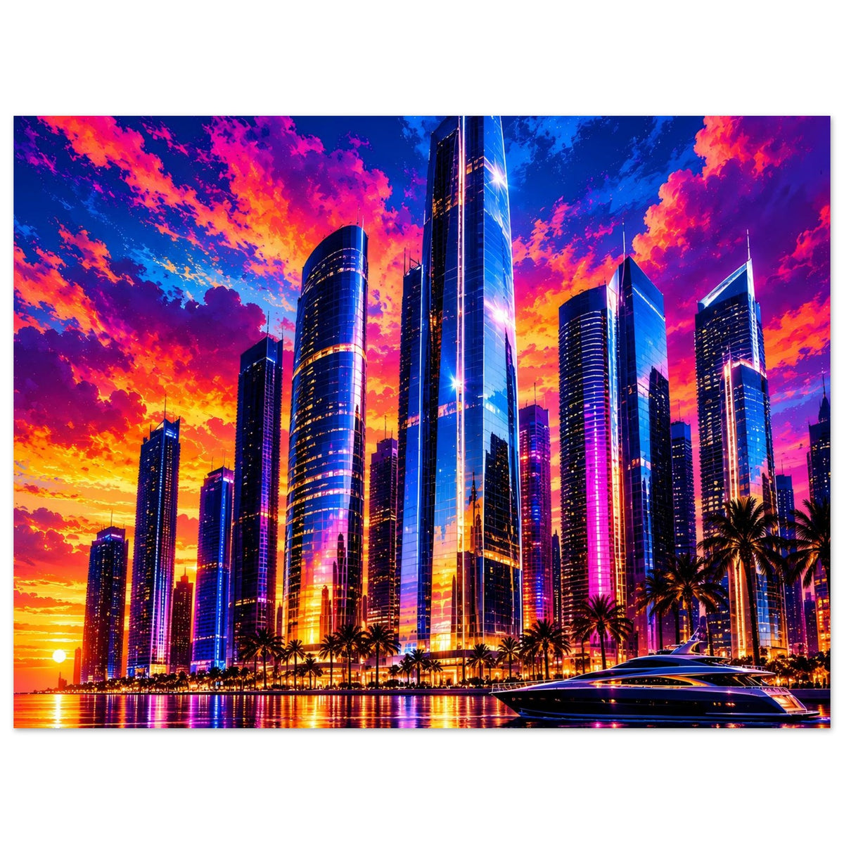 Großstadt-Skyline-Poster mit leuchtenden Hochhäusern, Palmen am Ufer und Sonnenuntergang