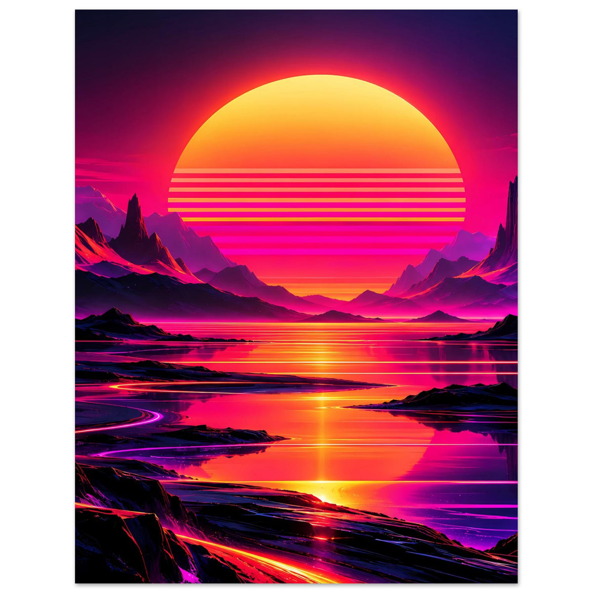 Neon-Poster mit großer Sonne am Horizont, Bergkette und Fluss mit farbigen Reflexen