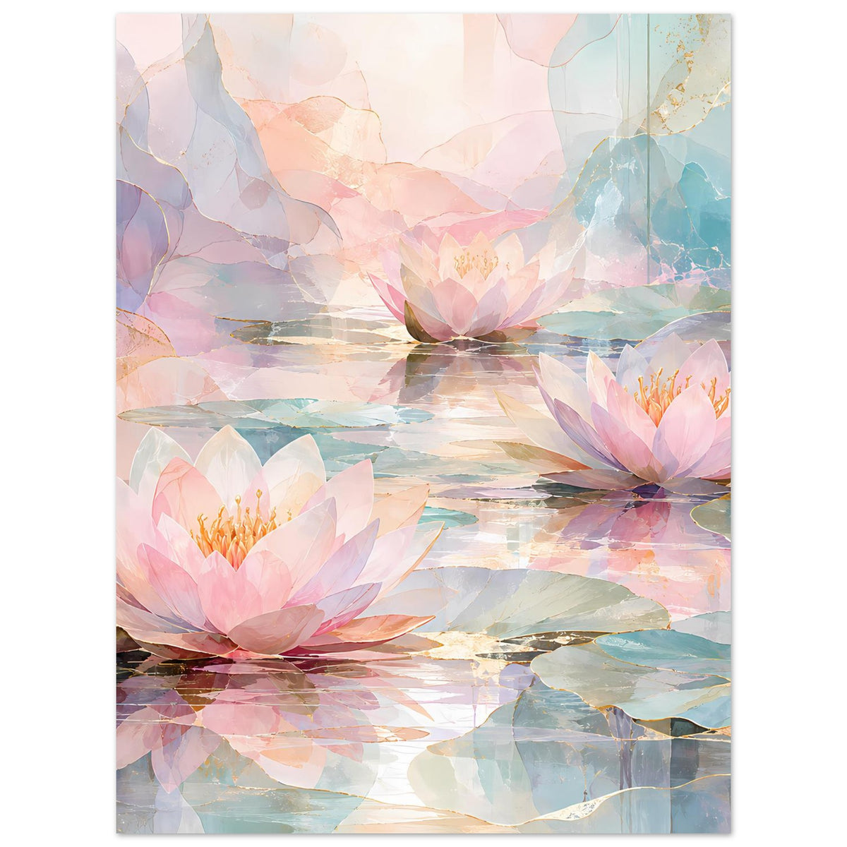 Florales Poster mit Seerosenblüten und Wasserreflexen, zarte Pastellfarben und weißer Rand.