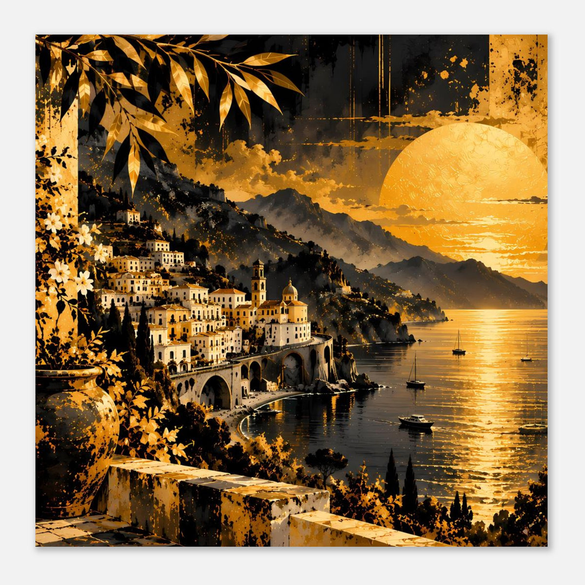 Poster mit Küstendorf am Sonnenuntergang, große Sonne, Boote und Berge