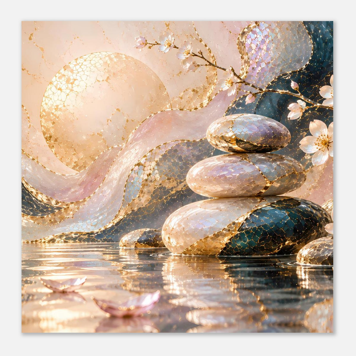 Poster im Hochformat mit Steinhaufen und goldenen Akzenten, ruhiges Pastell- und Blau-Design