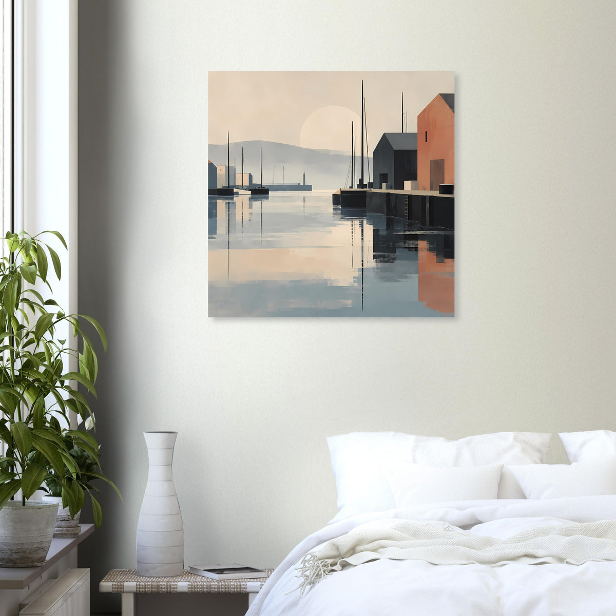 Quadratisches Poster mit Hafenansicht, ruhigem Wasser und pastelligem Abendhimmel.