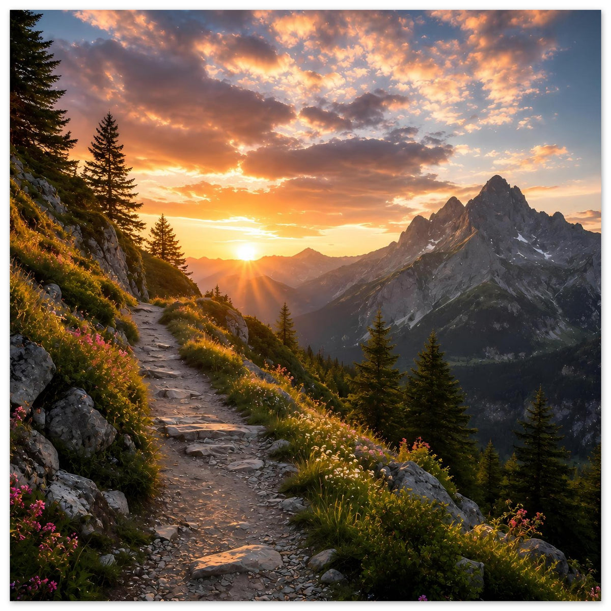 Poster, horizontale Bergszene bei Sonnenuntergang mit beleuchtetem Weg und Tannen