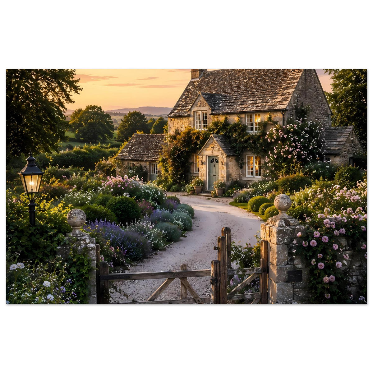 Premium-Poster mit Landhaus, Blumenbeeten und Holztor entlang eines Gartenwegs