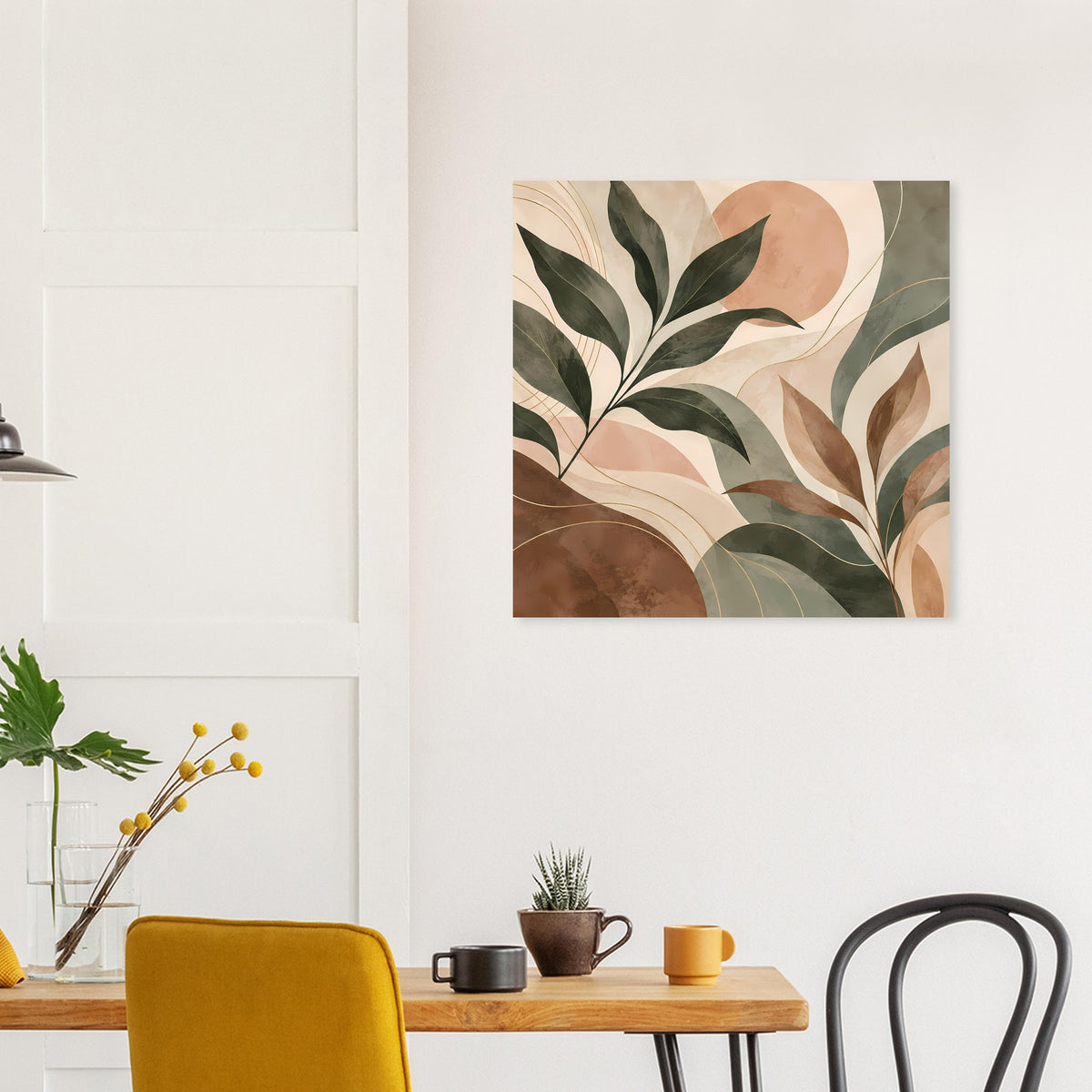 Quadratisches Kunstposter mit grünen und beigen Blattformen, Akzente in Braun und Rost