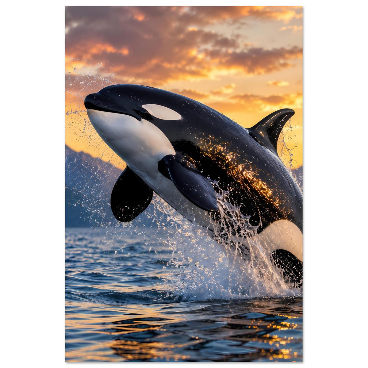 Poster im Hochformat mit springendem Orca, schwarzer Rückenflosse und Spritzwasser