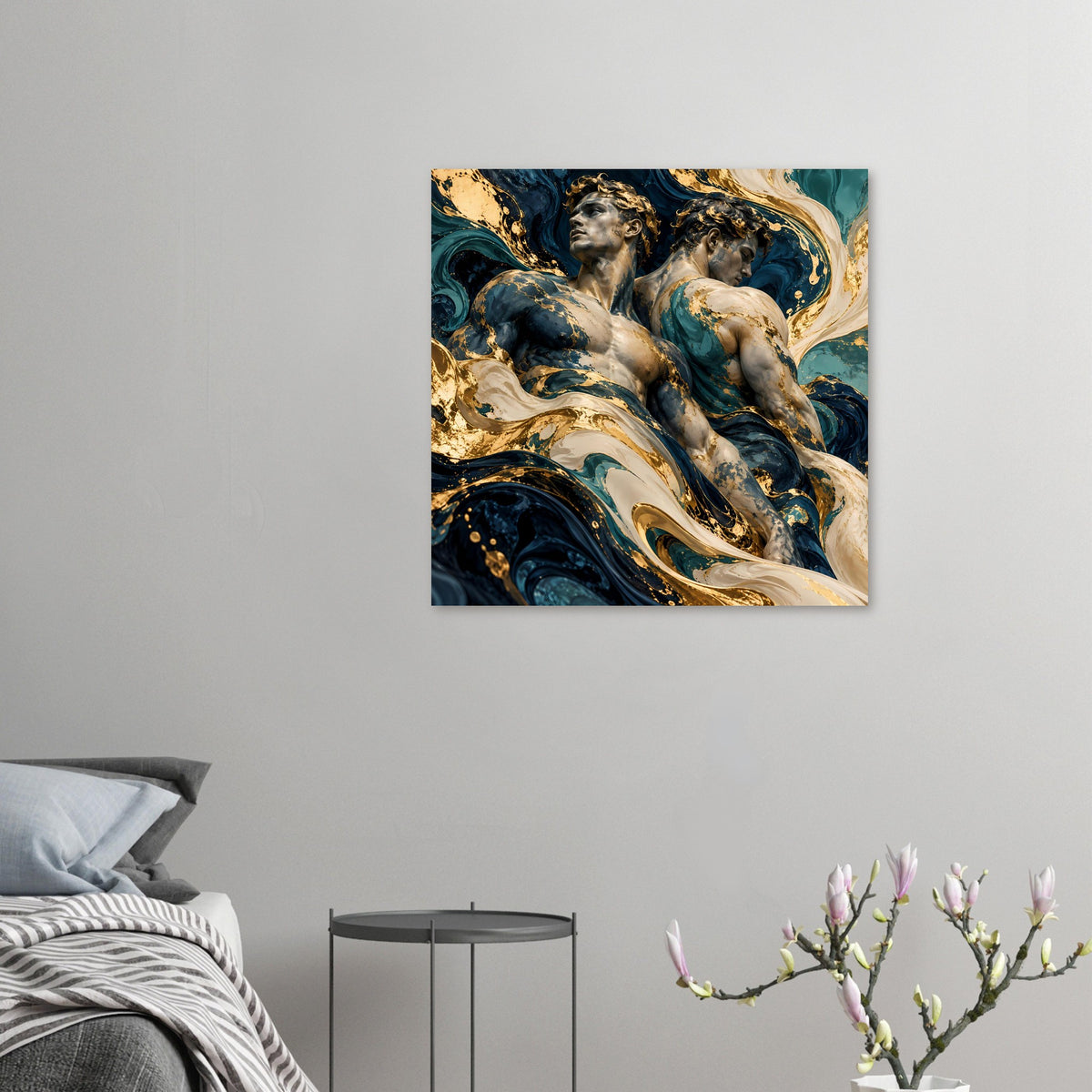 Kleines Kunstposter mit antiken Aktfiguren in Blau und Gold, quadratisch