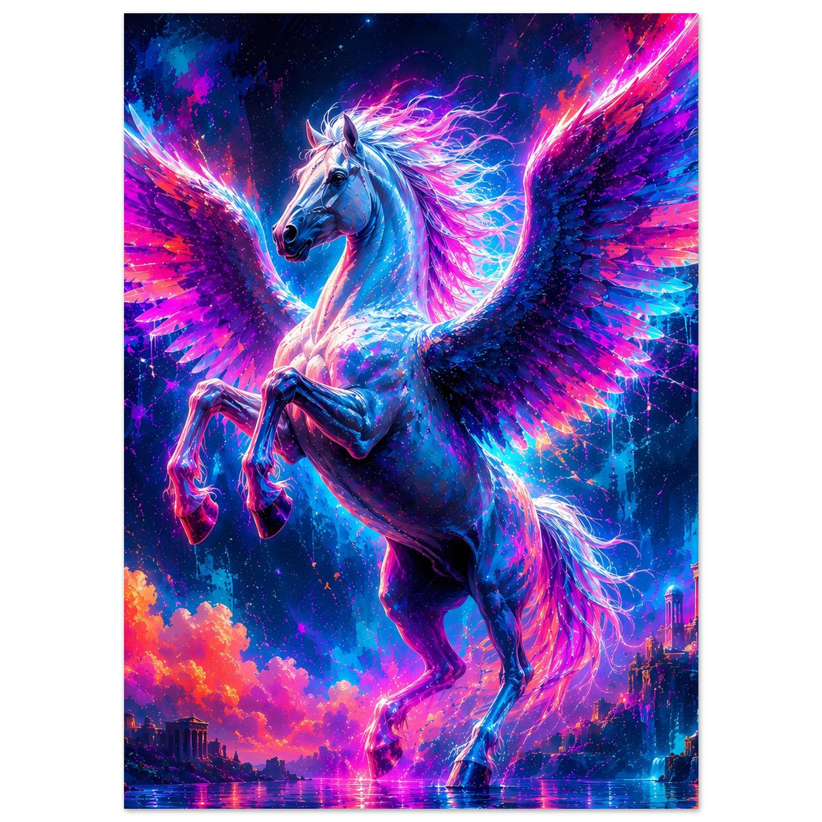 Neon-Pegasus-Poster vertikal: geflügelte Figur mit farbigem Licht