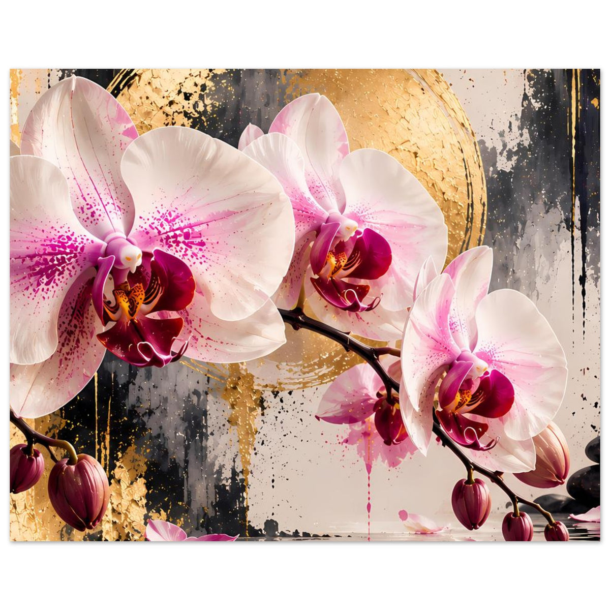 Orchideen-Poster im Querformat: goldener Halbkreis hinter blühenden Orchideen, Spiegelung unten