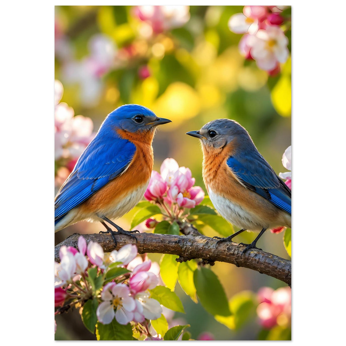 Vertikales Poster mit zwei Blaumeisen auf Ast und rosa Blüten nahe am Rand