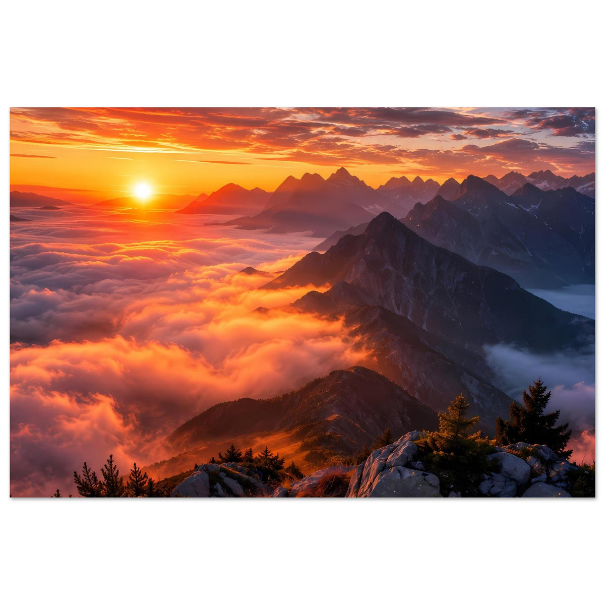 Poster im Querformat: warmes Abend-/Morgenlicht, Berge, Nebel und Wolken über Tälern