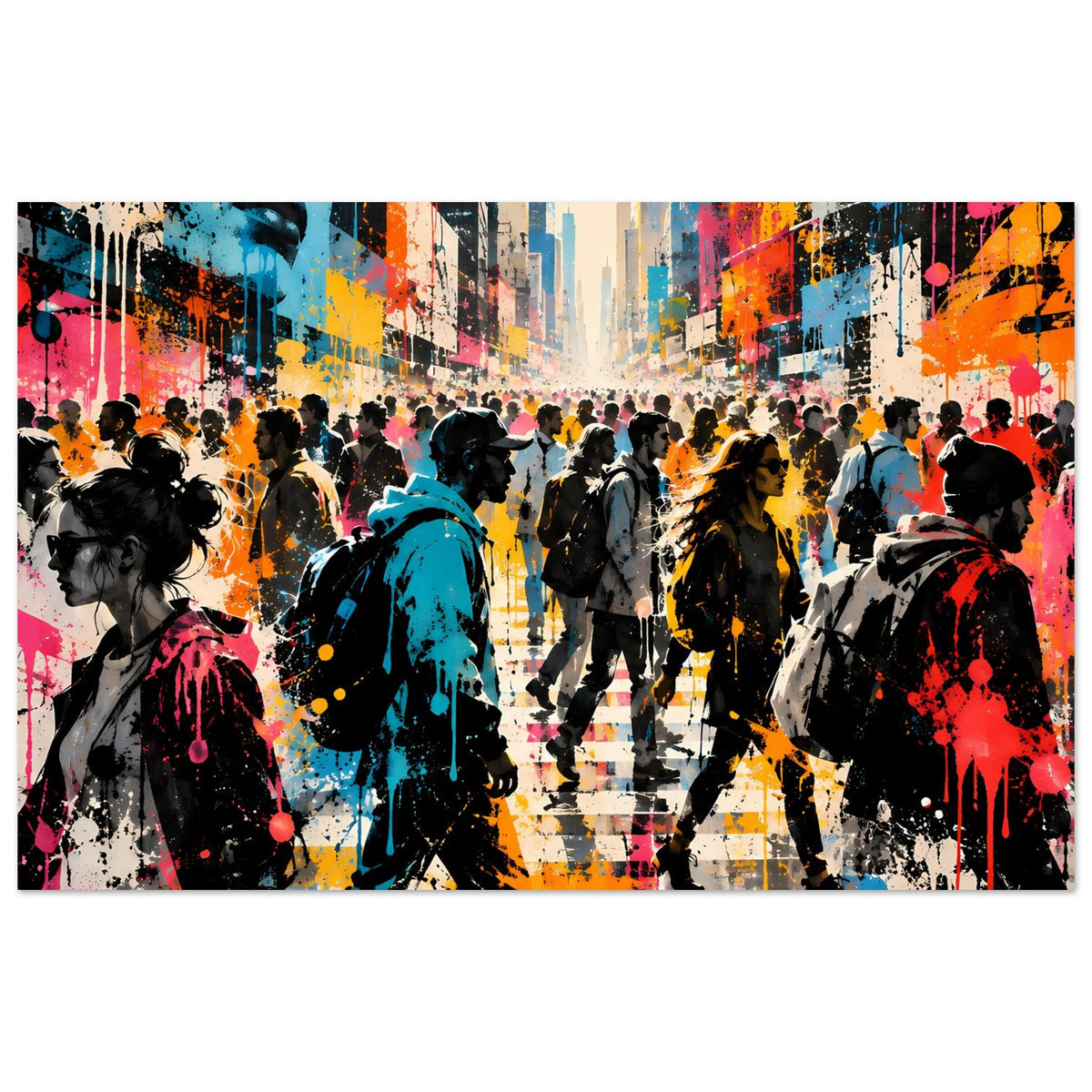 Streetart-Poster im Querformat: bunte Graffiti-Szene mit Menschenmenge und Farbspritzern