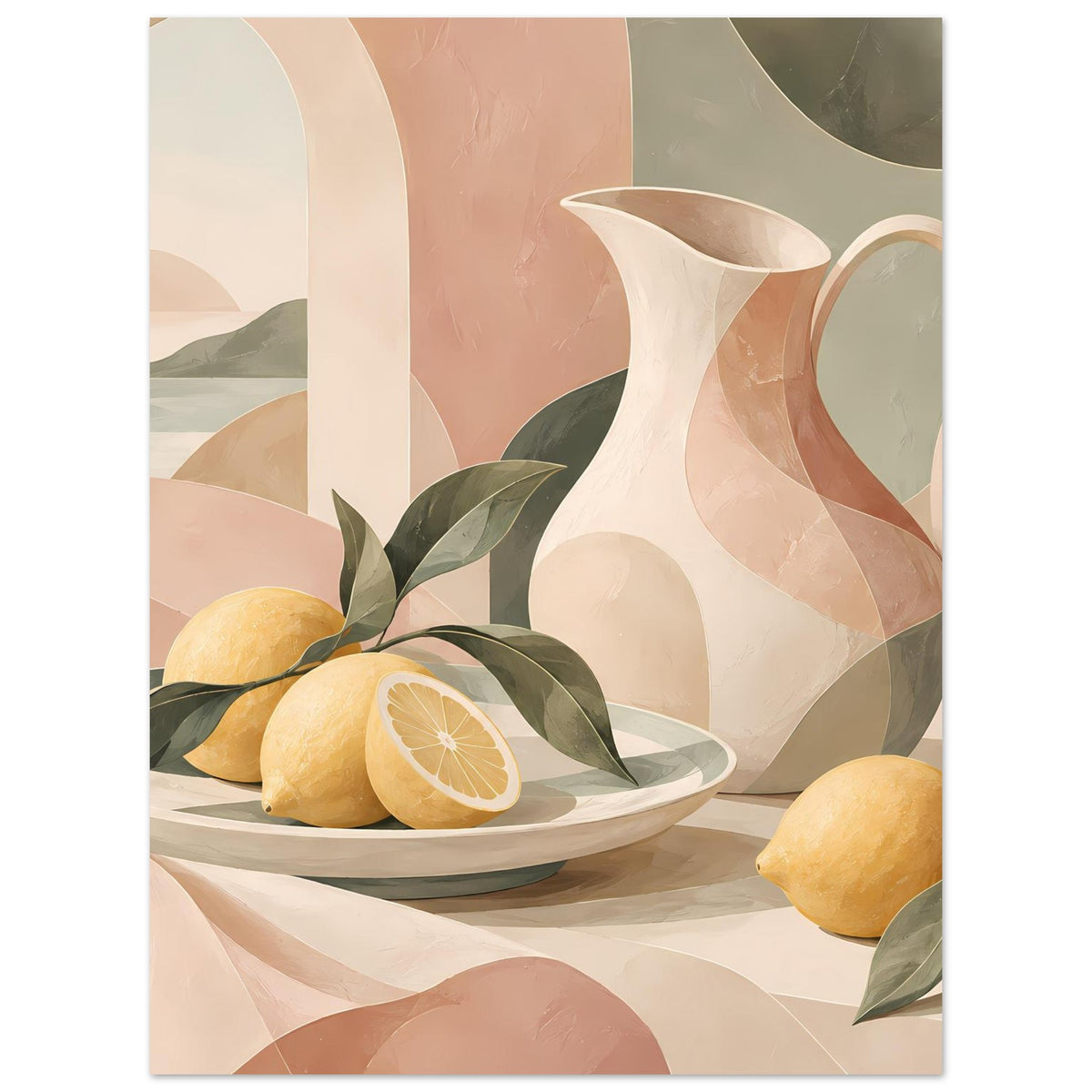 Mediterranes Stillleben-Poster mit weißer Vase/Kanne und Teller voller Zitronen, grüne Blätter