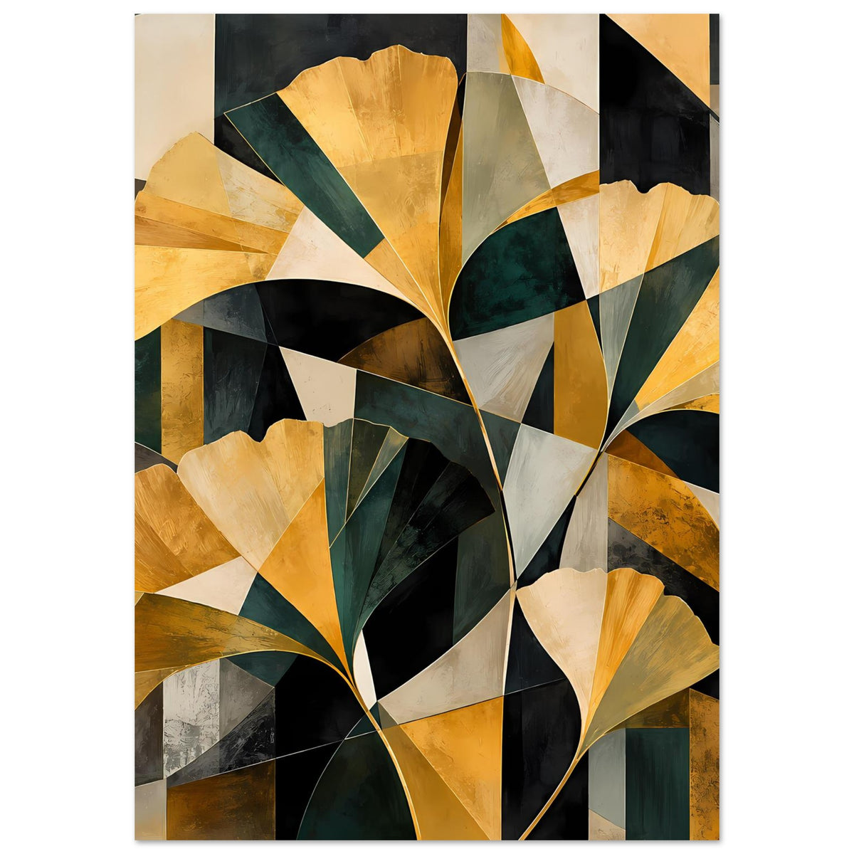 Modernes abstraktes Blumenposter, Hochformat, goldene und dunkle grüne Blüten im Schnittdesign