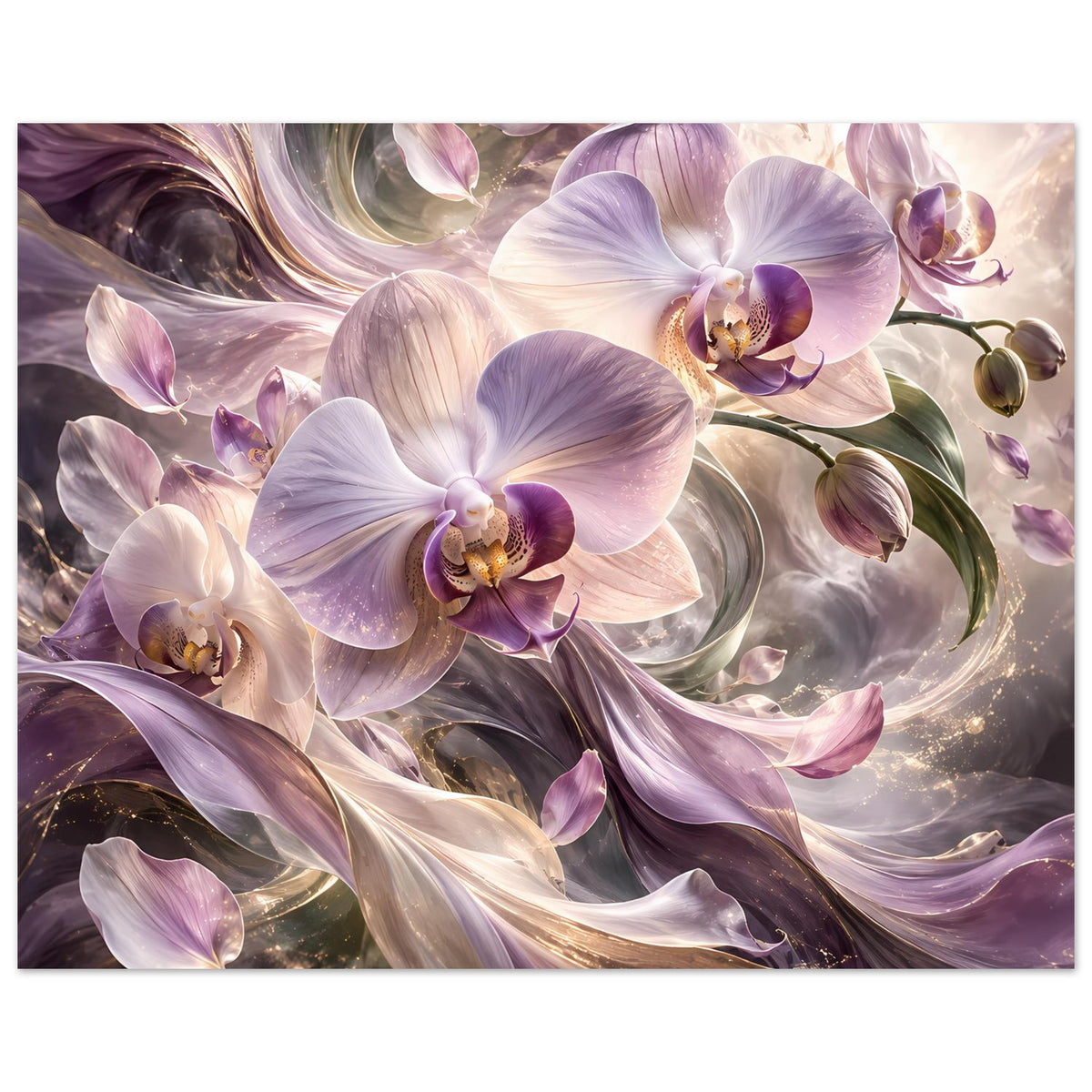 Orchideenblumenposter mit großen violetten Orchideenblüten in Creme und Lila, gerahmt