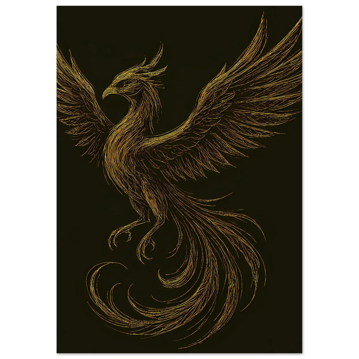 Poster mit goldener Phönix-Figur, ausgebreitete Schwingen auf dunklem Hintergrund