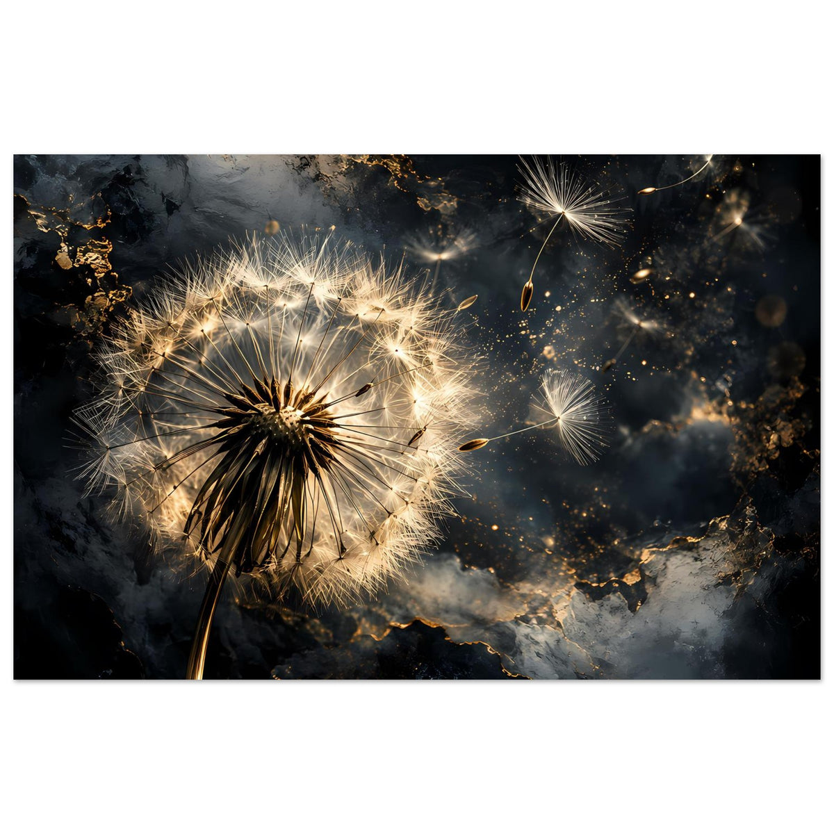 Horizontales matte Poster mit Löwenzahnblüte, goldenen Samen und funkelnden Partikeln