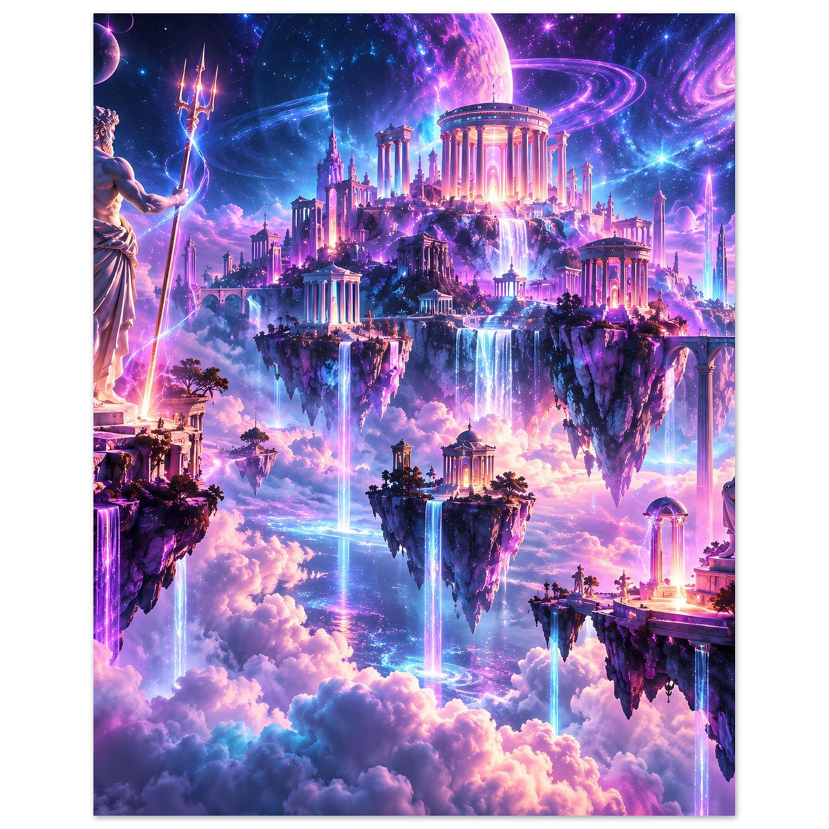 Fantasy-Poster mit Mond über schwebenden Inseln, antiken Tempeln und Wasserfällen