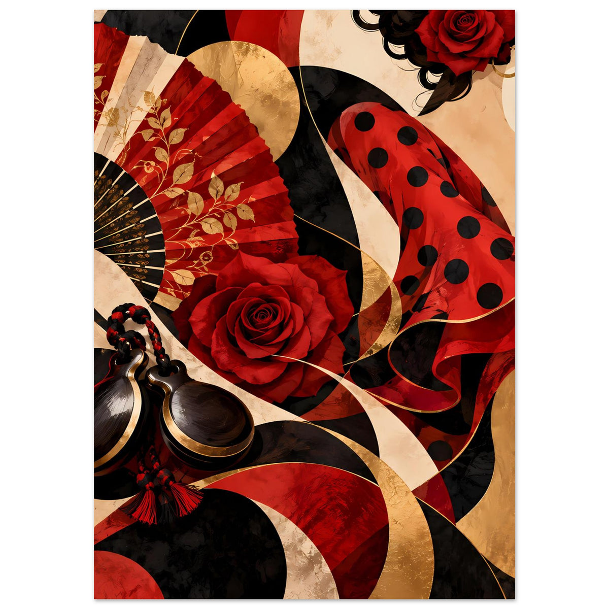 Flamenco-Poster: Fächer, rote Rose, gepunktetes Kleid, goldene Kreise