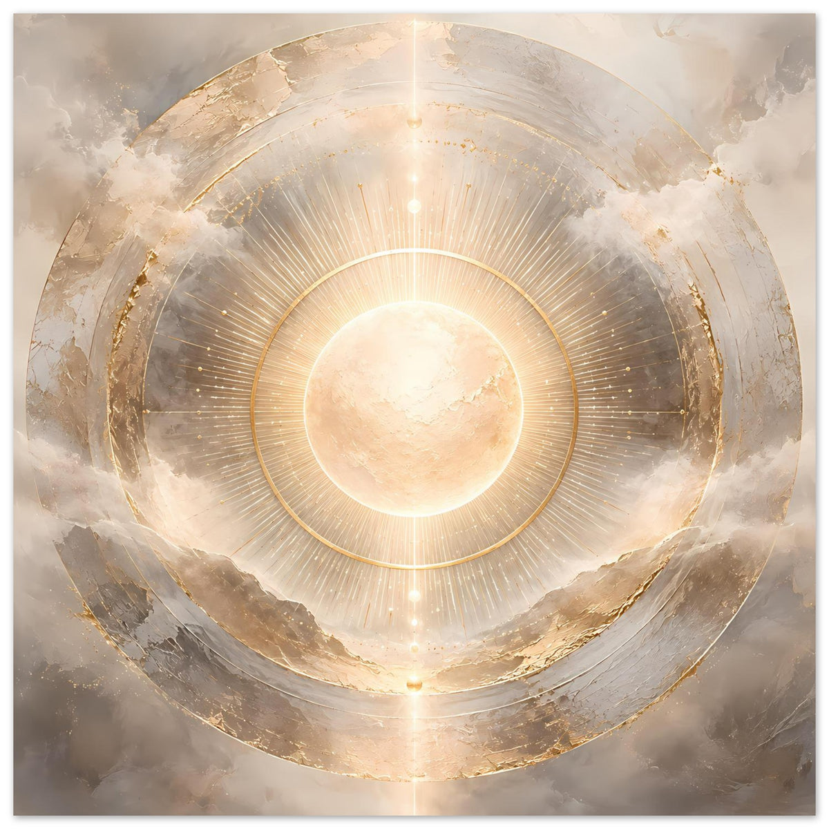 Kosmos-Poster mit goldenen Kreisringen, radialen Linien und großer Sonne